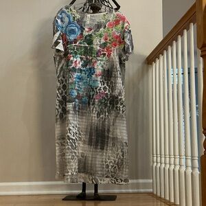 Floral & Animal Print Midi Dress in Gray with Multicolor Accents